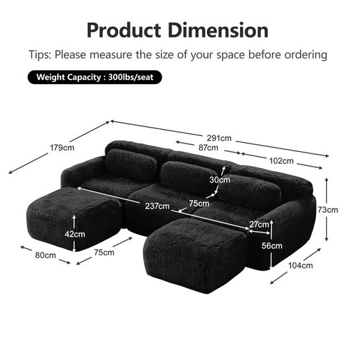 Canapé Modulable 3 Places Avec 2 Poufs, Modulaire En U, Coussins, Sans Montage, Peluche, Noir