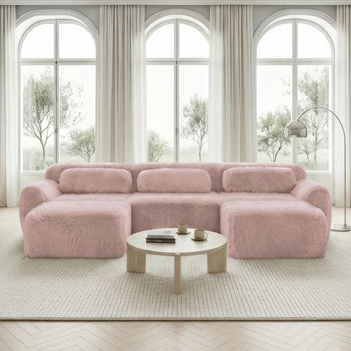 Canapé Modulable 3 Places Avec 2 Poufs, Modulaire En U, Coussins, Sans Montage, Peluche, Rose