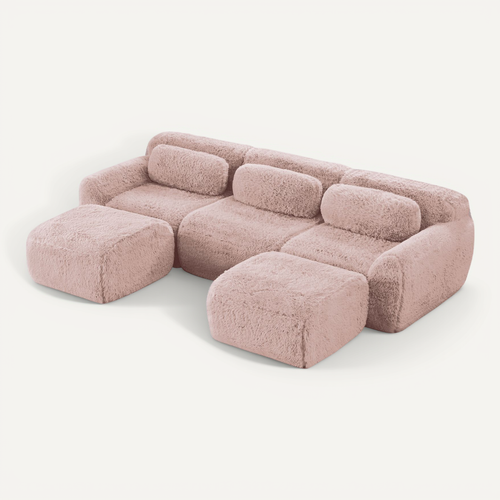 Canapé Modulable 3 Places Avec 2 Poufs, Modulaire En U, Coussins, Sans Montage, Peluche, Rose