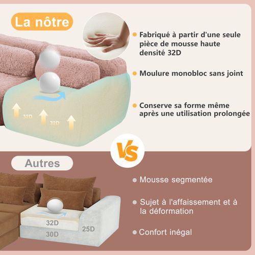 Canapé Modulable 3 Places Avec 2 Poufs, Modulaire En U, Coussins, Sans Montage, Peluche, Rose