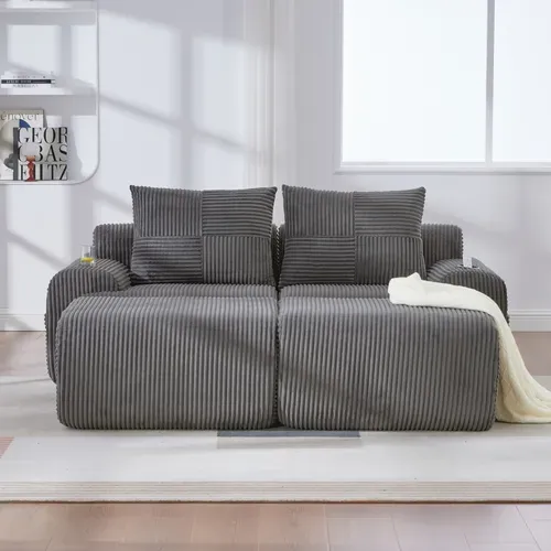 Canapé Modulable 2 Places Avec 2 Poufs, Porte-gobelet Et Poche Latérale, Velours Côtelé Gris Foncé