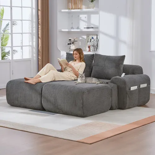 Canapé Modulable 2 Places Avec 2 Poufs, Porte-gobelet Et Poche Latérale, Velours Côtelé Gris Foncé