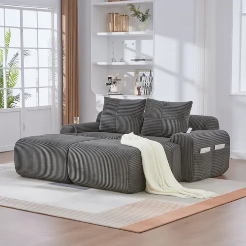 Canapé Modulable 2 Places Avec 2 Poufs, Porte-gobelet Et Poche Latérale, Velours Côtelé Gris Foncé
