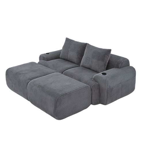 Canapé Modulable 2 Places Avec 2 Poufs, Porte-gobelet Et Poche Latérale, Velours Côtelé Gris Foncé