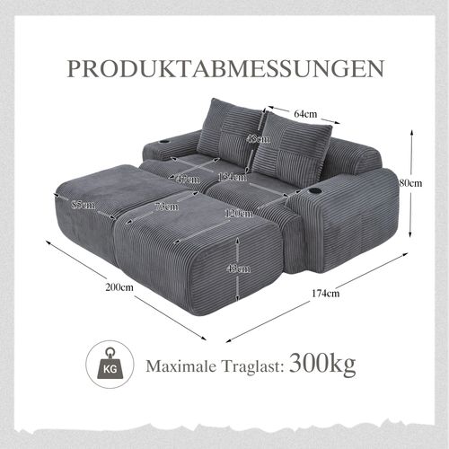 Canapé Modulable 2 Places Avec 2 Poufs, Porte-gobelet Et Poche Latérale, Velours Côtelé Gris Foncé