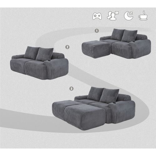 Canapé Modulable 2 Places Avec 2 Poufs, Porte-gobelet Et Poche Latérale, Velours Côtelé Gris Foncé