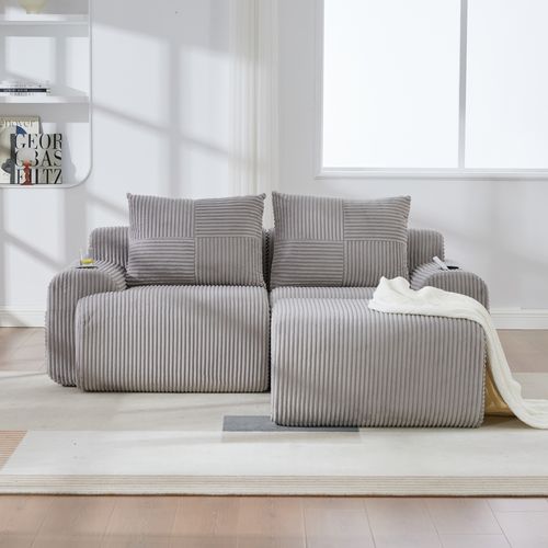 Canapé Modulable 2 Places Avec Pouf, Porte-gobelet Et Poche Latérale, Velours Côtelé Gris Clair