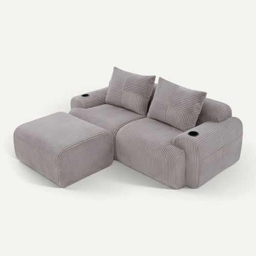 Canapé Modulable 2 Places Avec Pouf, Porte-gobelet Et Poche Latérale, Velours Côtelé Gris Clair