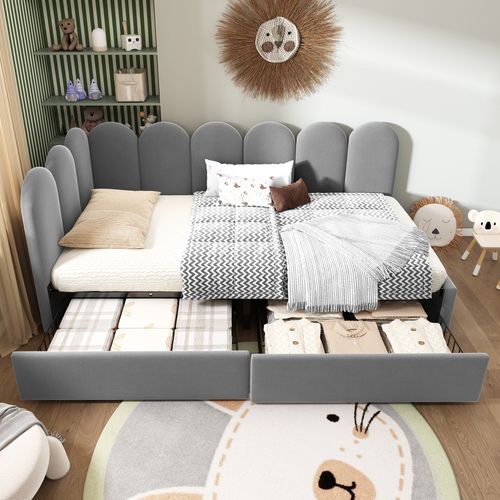 Lit Banquette 90×200 Cm, 2 Tiroirs, Dosseret Rembourré, Velours, Gris