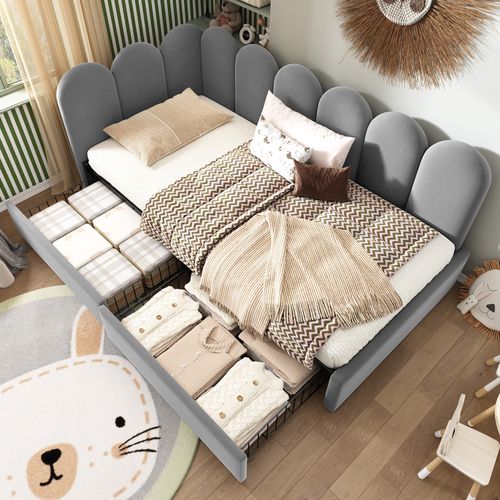 Lit Banquette 90×200 Cm, 2 Tiroirs, Dosseret Rembourré, Velours, Gris