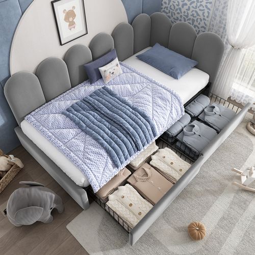 Lit Banquette 90×200 Cm, 2 Tiroirs, Dosseret Rembourré, Velours, Gris