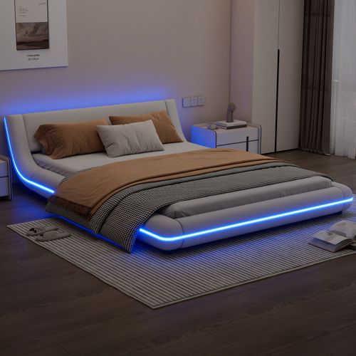 Lit Bas Lit Double LED Réglable 140 X 200 Cm En Pu Blanc, Cadre Avec Sommier à Lattes