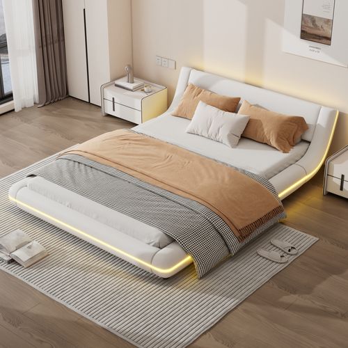 Lit Bas Lit Double LED Réglable 140 X 200 Cm En Pu Blanc, Cadre Avec Sommier à Lattes