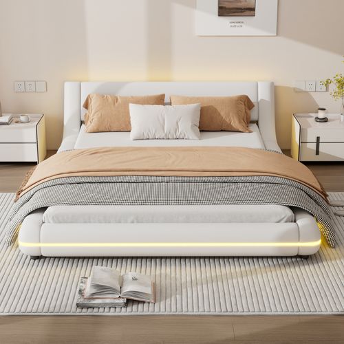 Lit Bas Lit Double LED Réglable 140 X 200 Cm En Pu Blanc, Cadre Avec Sommier à Lattes