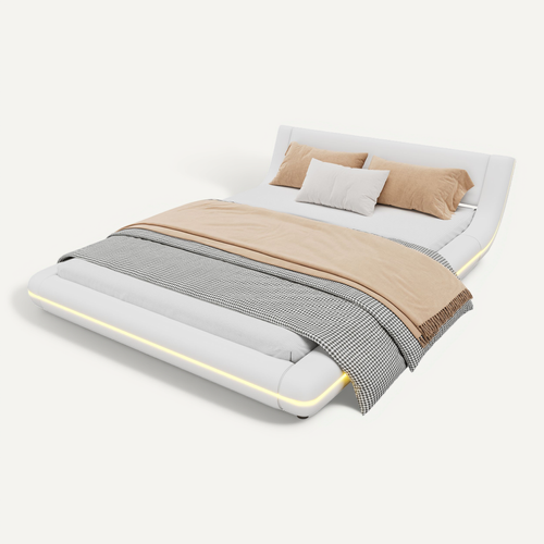 Lit Bas Lit Double LED Réglable 140 X 200 Cm En Pu Blanc, Cadre Avec Sommier à Lattes