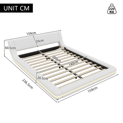 Lit Bas Lit Double LED Réglable 140 X 200 Cm En Pu Blanc, Cadre Avec Sommier à Lattes