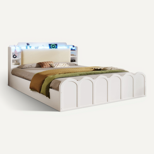 Lit Coffre 140x200 Cm Multifonction Avec Coffre Relevable, LED, USB Type-c, Bois Pu