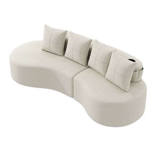 Canapé Droit Avec Porte-gobelets Et Poches Latérales, 4 Coussins En Lin Beige