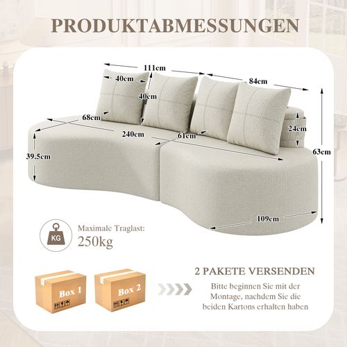 Canapé Droit Avec Porte-gobelets Et Poches Latérales, 4 Coussins En Lin Beige