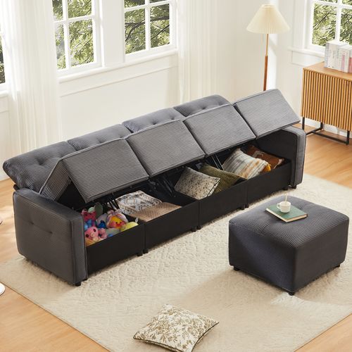 Canapé Droit 4 Places Avec Coffre Et Pouf En Velours Côtelé Gris 280 X 146 X 85 Cm