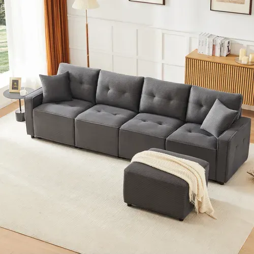 Canapé Droit 4 Places Avec Coffre Et Pouf En Velours Côtelé Gris 280 X 146 X 85 Cm