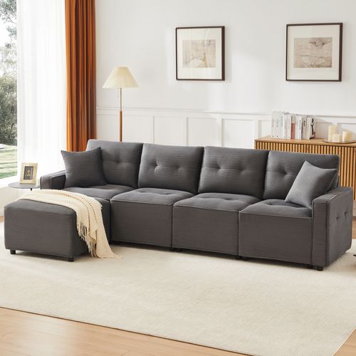 Canapé Droit 4 Places Avec Coffre Et Pouf En Velours Côtelé Gris 280 X 146 X 85 Cm