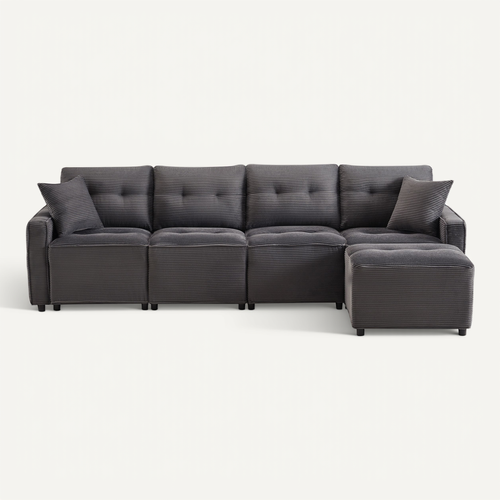 Canapé Droit 4 Places Avec Coffre Et Pouf En Velours Côtelé Gris 280 X 146 X 85 Cm