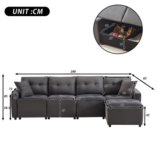 Canapé Droit 4 Places Avec Coffre Et Pouf En Velours Côtelé Gris 280 X 146 X 85 Cm