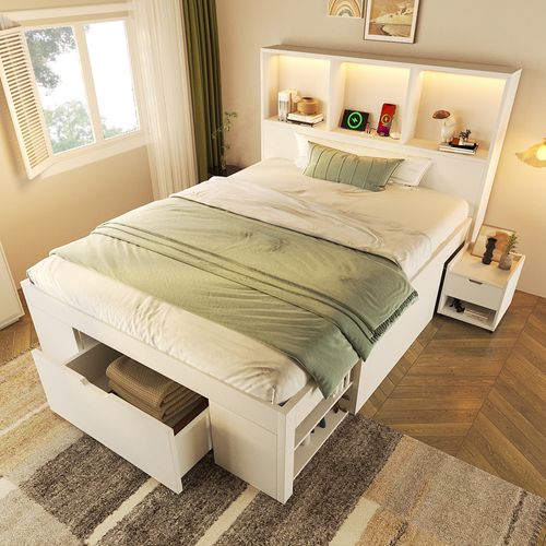 Lit Simple Ado 90x200 Cm Avec Tiroirs, Chevet Mobile, LED, Bois Massif Blanc
