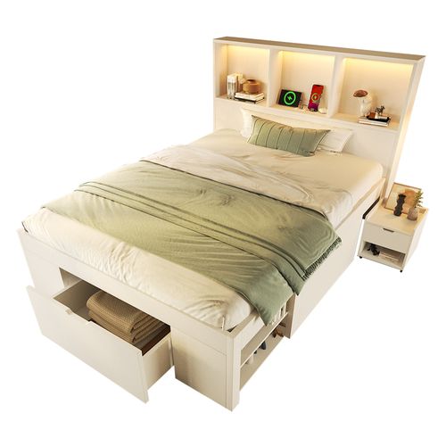 Lit Simple Ado 90x200 Cm Avec Tiroirs, Chevet Mobile, LED, Bois Massif Blanc
