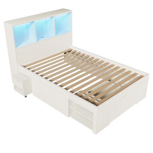 Lit Simple Ado 90x200 Cm Avec Tiroirs, Chevet Mobile, LED, Bois Massif Blanc
