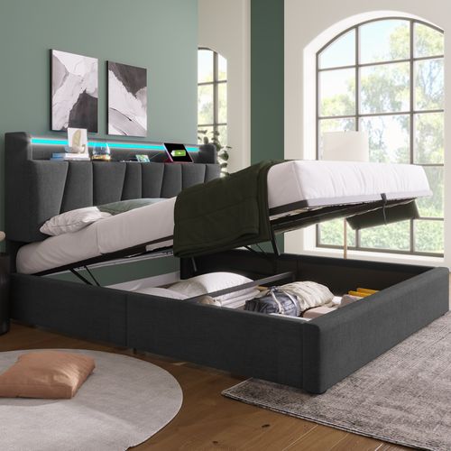 Lit Coffre Lit Double Avec USB, Port C Et LED 140 X 190 Cm Matelas Non Inclus Gris