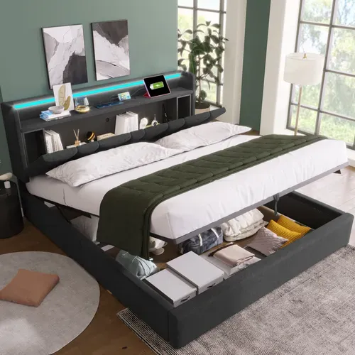 Lit Coffre Lit Double Avec USB, Port C Et LED 140 X 190 Cm Matelas Non Inclus Gris