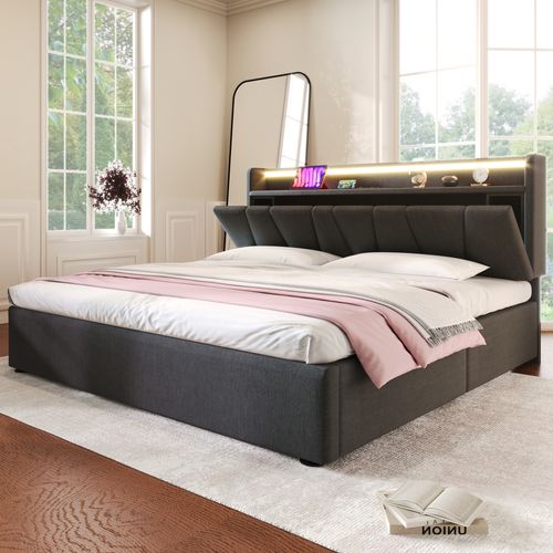 Lit Coffre Lit Double Avec USB, Port C Et LED 140 X 190 Cm Matelas Non Inclus Gris