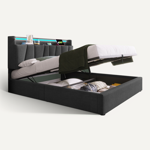 Lit Coffre Lit Double Avec USB, Port C Et LED 140 X 190 Cm Matelas Non Inclus Gris