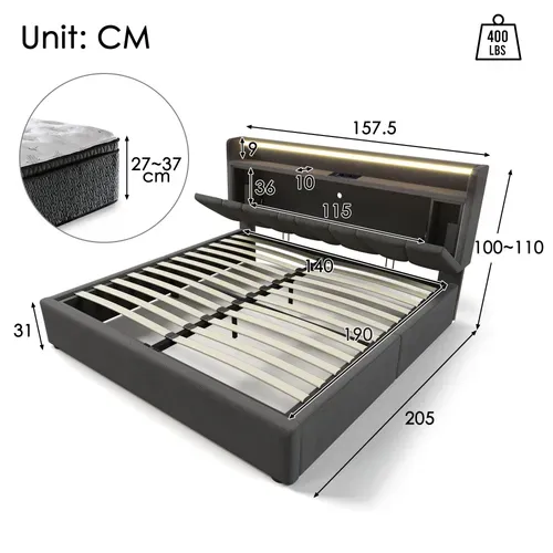 Lit Coffre Lit Double Avec USB, Port C Et LED 140 X 190 Cm Matelas Non Inclus Gris