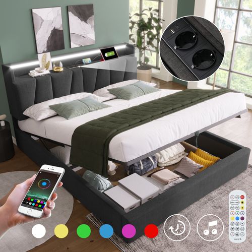 Lit Coffre Lit Double Avec USB, Port C Et LED 140 X 190 Cm Matelas Non Inclus Gris