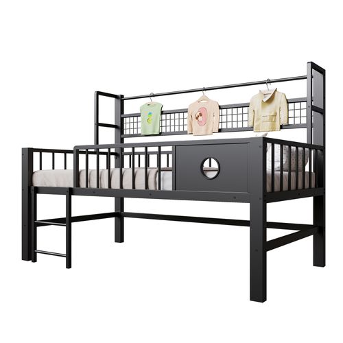 Lit mi-haut 90×200 Cm Avec Barrières Hautes, Penderie Et étagère Filet, Métal, Noir