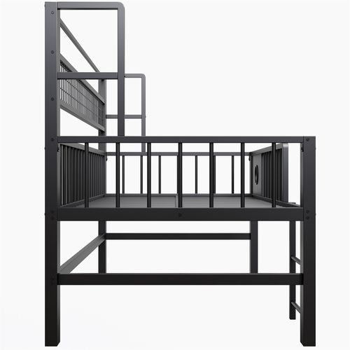 Lit mi-haut 90×200 Cm Avec Barrières Hautes, Penderie Et étagère Filet, Métal, Noir