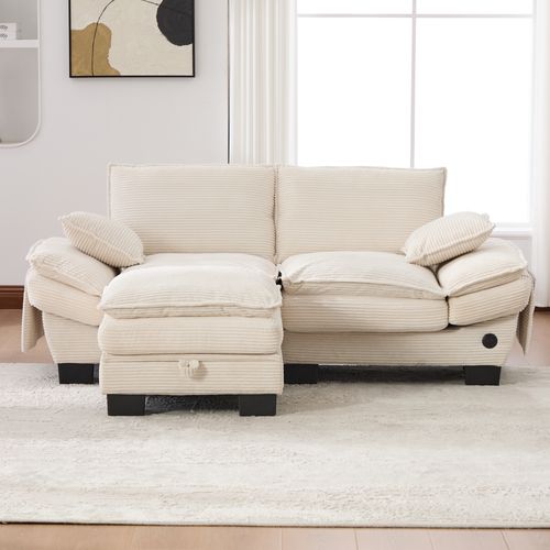 Canapé Modulaire 2 Places Avec Pouf - USB-c Et Poches Latérales - Velours Côtelé Beige