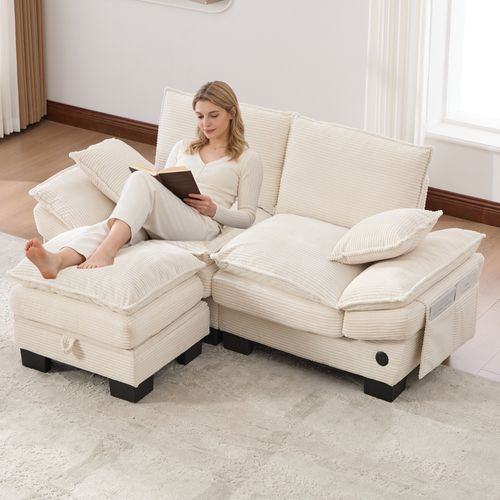 Canapé Modulaire 2 Places Avec Pouf - USB-c Et Poches Latérales - Velours Côtelé Beige