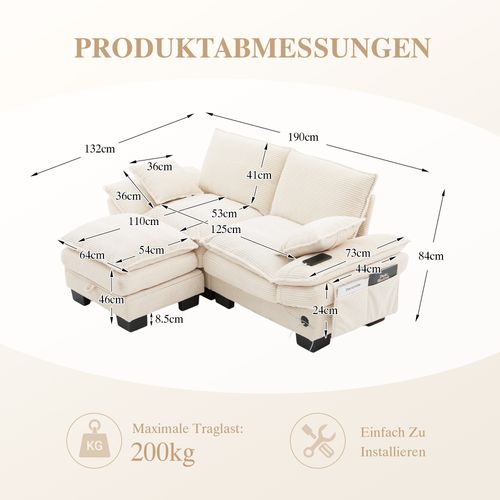 Canapé Modulaire 2 Places Avec Pouf - USB-c Et Poches Latérales - Velours Côtelé Beige