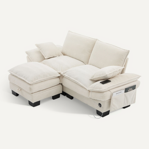 Canapé Modulaire 2 Places Avec Pouf - USB-c Et Poches Latérales - Velours Côtelé Beige