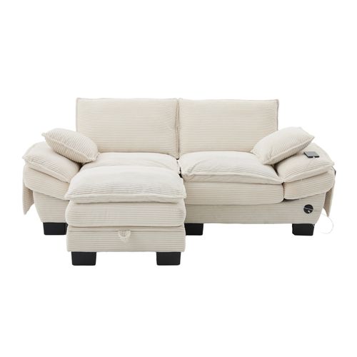 Canapé Modulaire 2 Places Avec Pouf - USB-c Et Poches Latérales - Velours Côtelé Beige