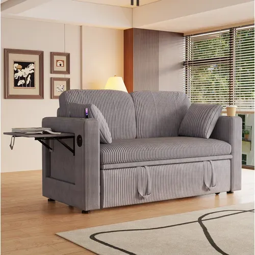 Fauteuil Convertible 3 En 1 Avec Dossier Réglable, USB-c, Porte-gobelets, Corduroy Gris