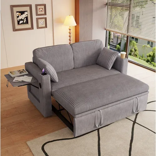 Fauteuil Convertible 3 En 1 Avec Dossier Réglable, USB-c, Porte-gobelets, Corduroy Gris