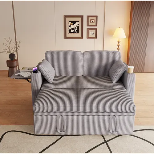 Fauteuil Convertible 3 En 1 Avec Dossier Réglable, USB-c, Porte-gobelets, Corduroy Gris