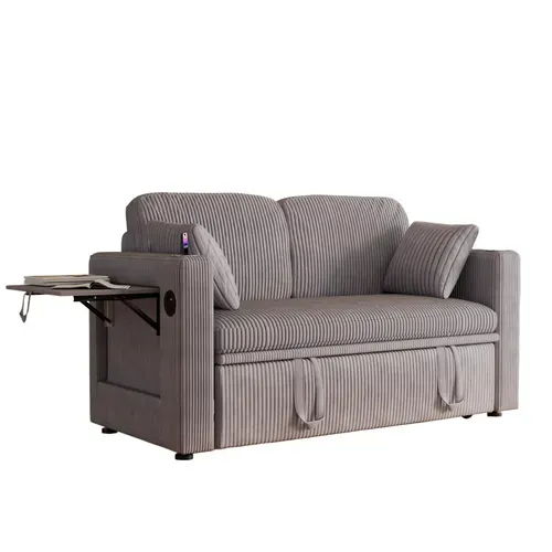 Fauteuil Convertible 3 En 1 Avec Dossier Réglable, USB-c, Porte-gobelets, Corduroy Gris