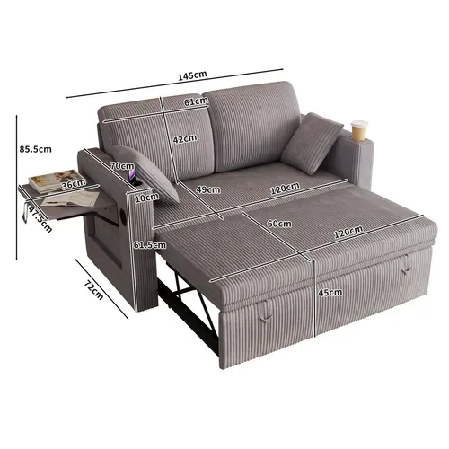 Fauteuil Convertible 3 En 1 Avec Dossier Réglable, USB-c, Porte-gobelets, Corduroy Gris