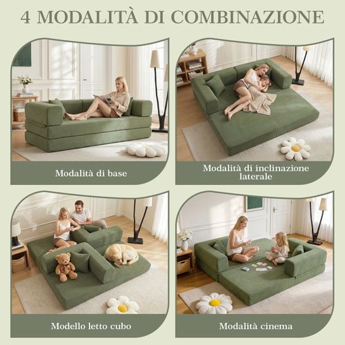Canapé Convertible 3 Places Pliable Avec Accoudoirs Modulables, Velours Côtelé Vert